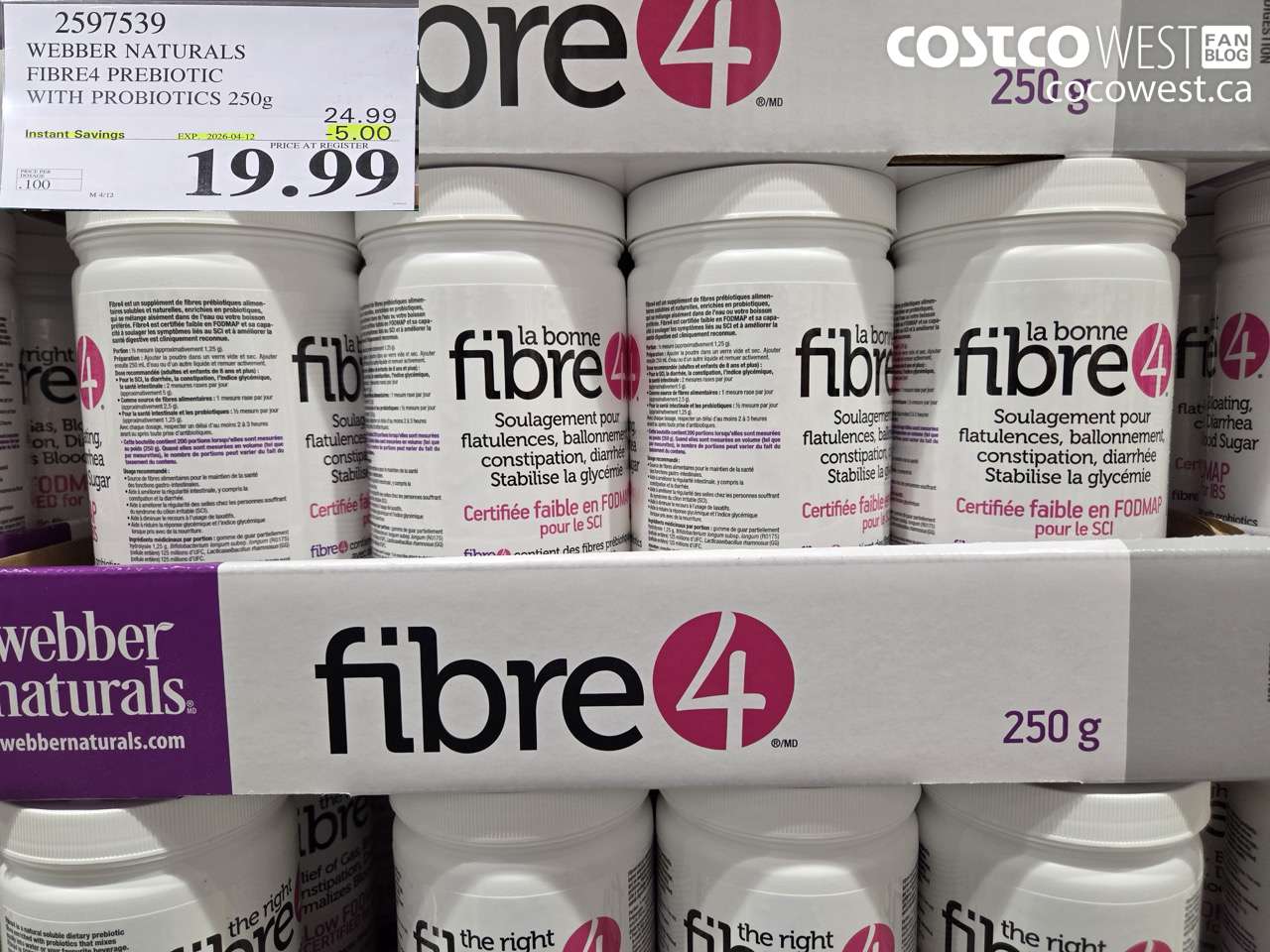 2597539 WEBBER NATURALS FIBRE4 PREBIOTIC WITH PROBIOTICS 250G ($5.00 INSTANT SAVINGS EXPIRES ON 2026-04-12) $19.99
