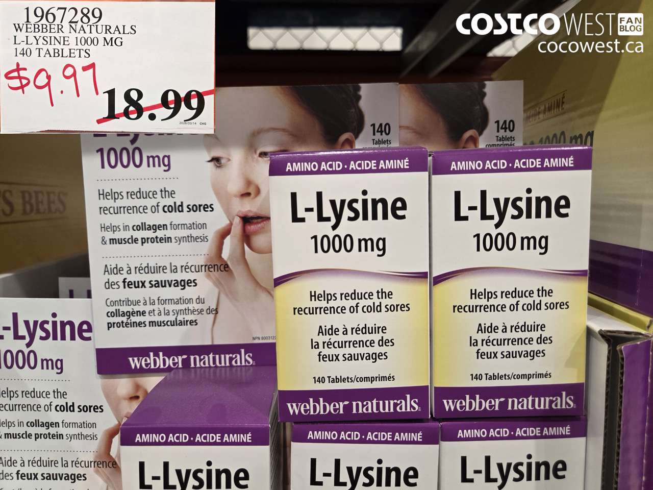 1967289 WEBBER NATURALS L-LYSINE 1000 MG 140 TABLETS $9.97