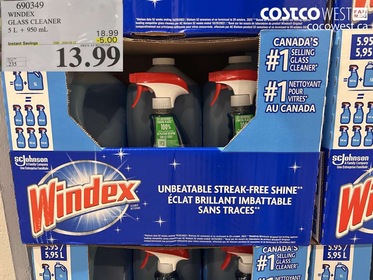 690349 WINDEX GLASS CLEANER 5 L + 950 ML ($5.00 INSTANT SAVINGS EXPIRES ON 2026-04-12) $13.99