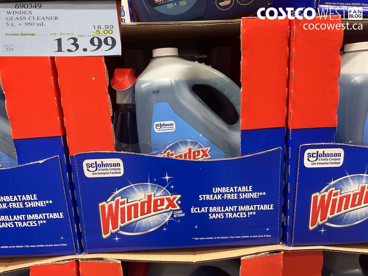 690349 WINDEX GLASS CLEANER 5 L + 950 ML ($5.00 INSTANT SAVINGS EXPIRES ON 2026-04-12) $13.99