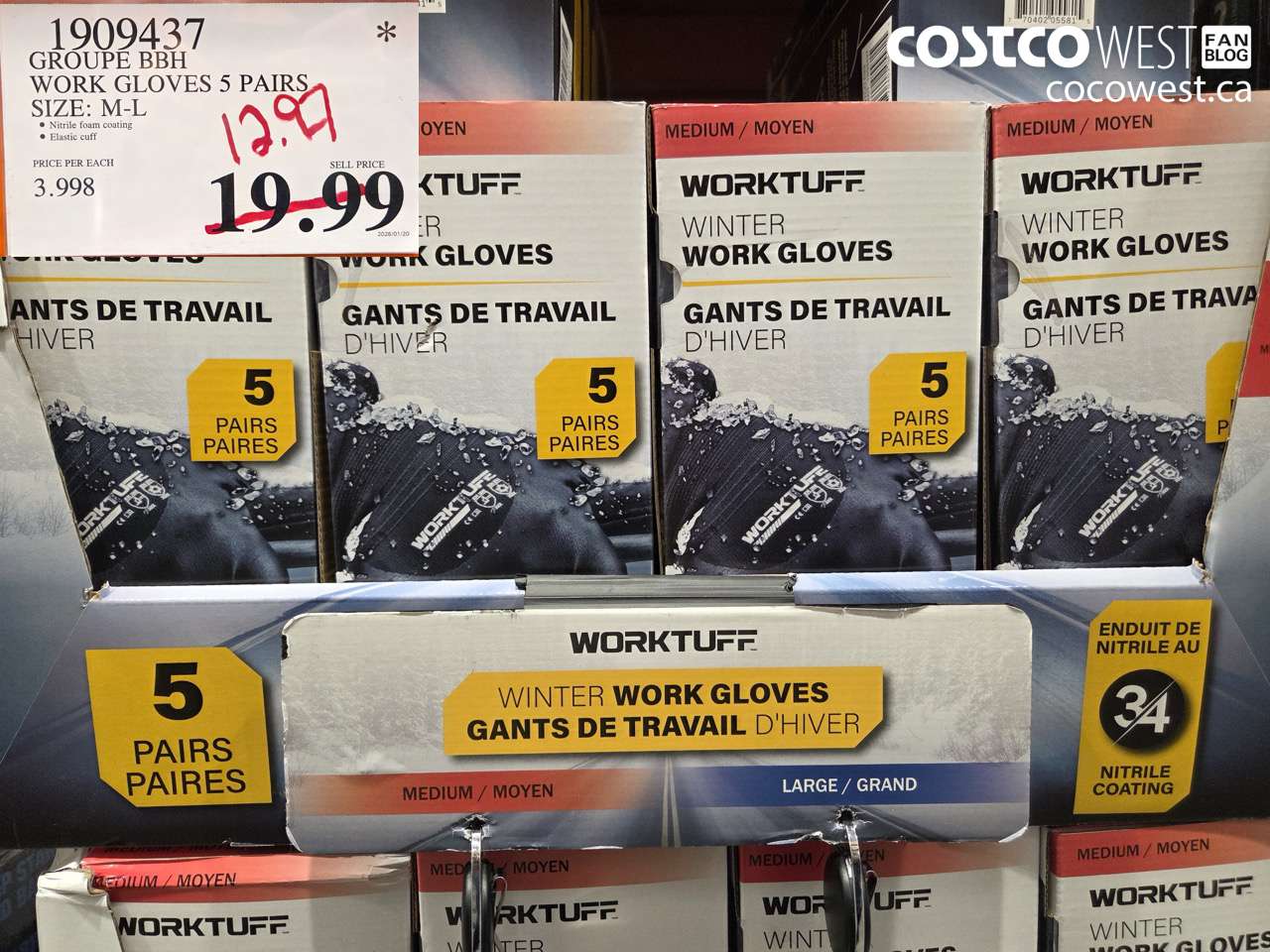 1909437 WORK GLOVES 5 PAIRS SIZE: M-L $12.97