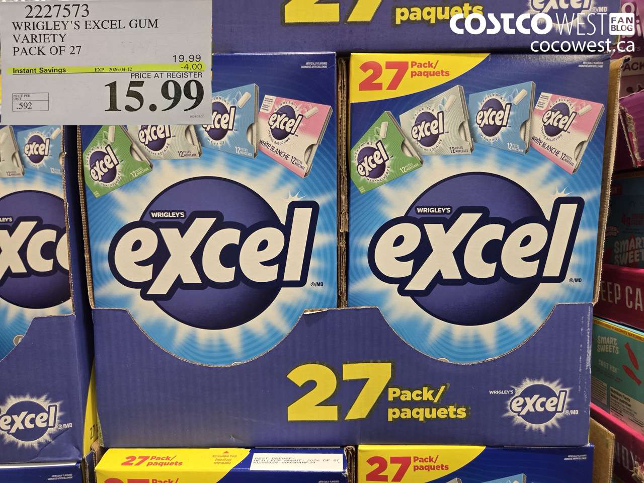 2227573 WRIGLEY'S EXCEL GUM VARIETY PACK OF 27 ($4.00 INSTANT SAVINGS EXPIRES ON 2026-04-12) $15.99