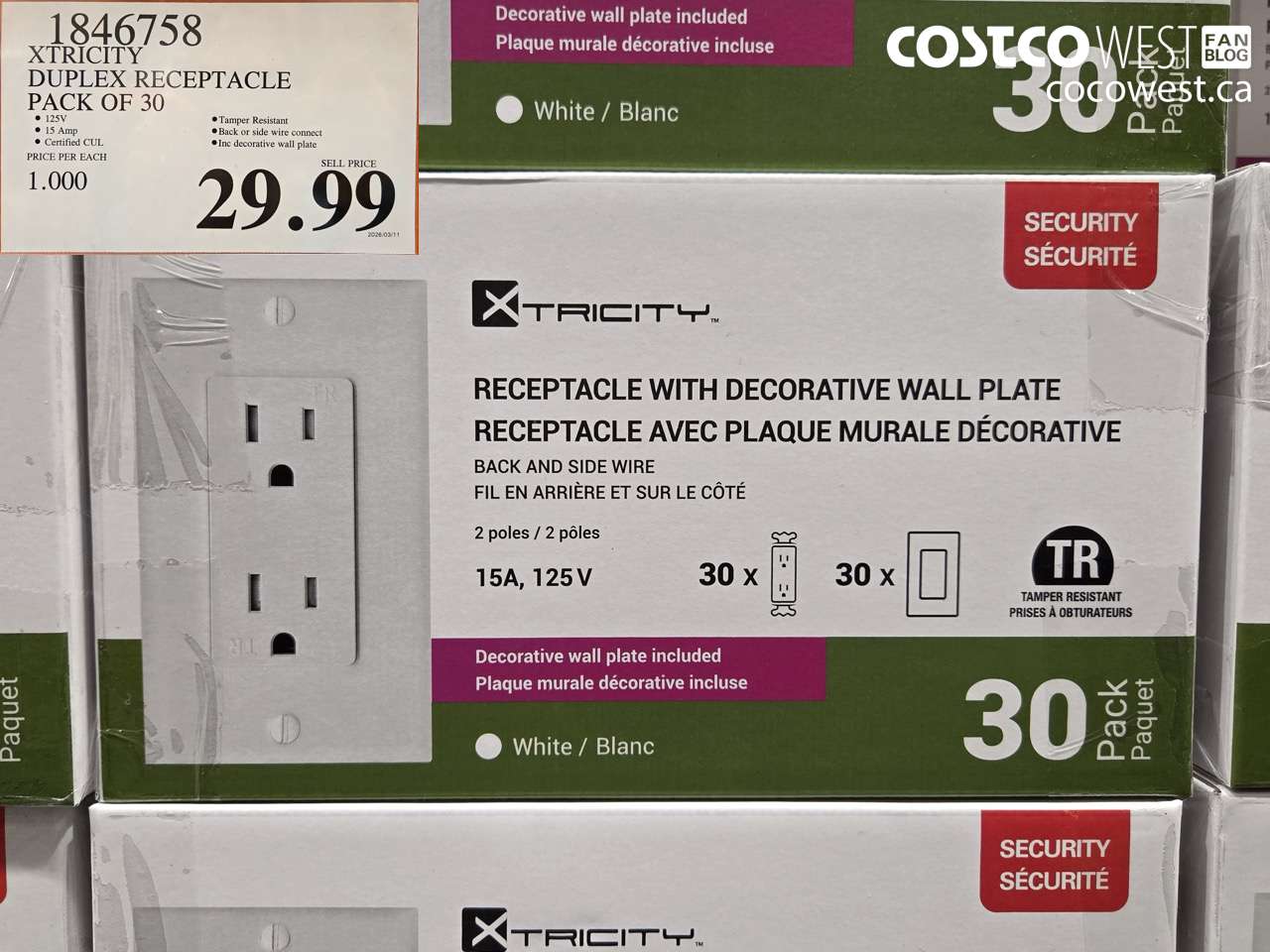 1846758 XTRICITY DUPLEX RECEPTACLE PACK OF 30 $29.99