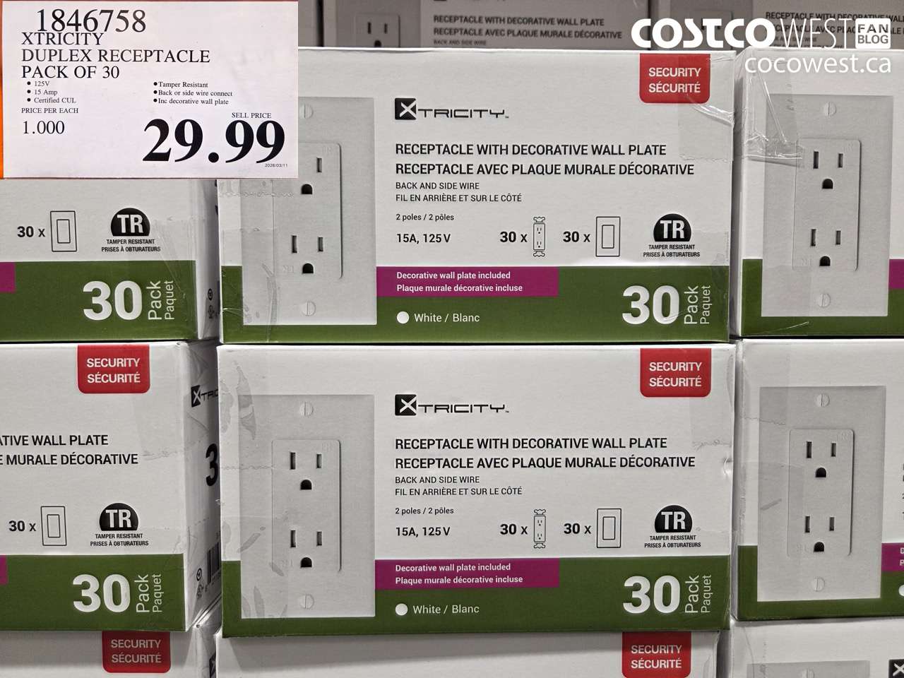 1846758 XTRICITY DUPLEX RECEPTACLE PACK OF 30 $29.99