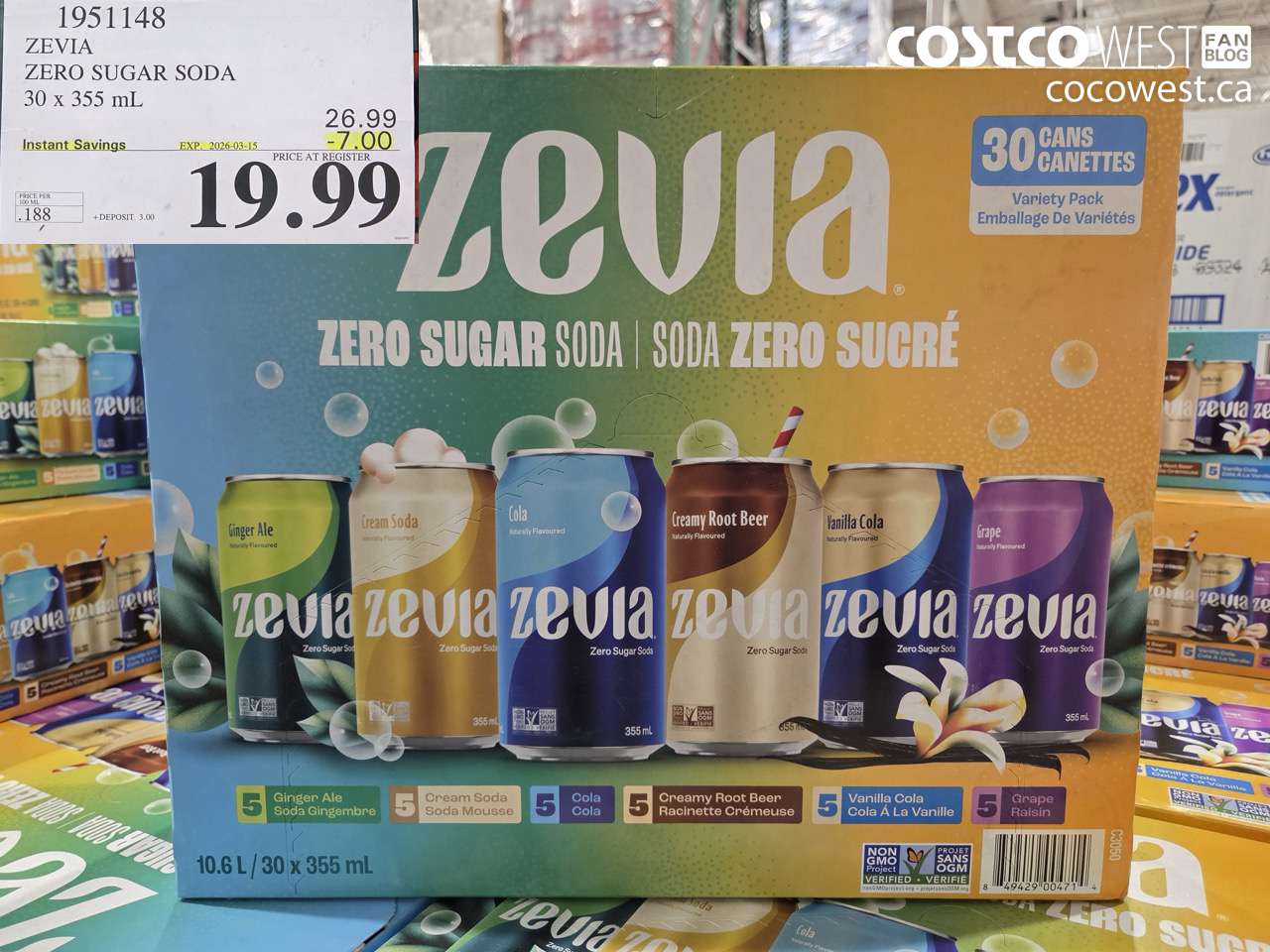 1951148 ZEVIA ZERO SUGAR SODA 30 X 355 ML ($7.00 INSTANT SAVINGS EXPIRES ON 2026-03-15) $19.99
