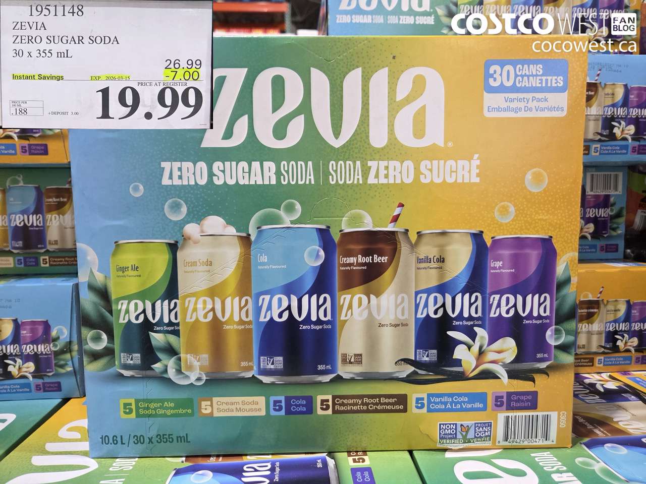 1951148 ZEVIA ZERO SUGAR SODA 30 X 355 ML ($7.00 INSTANT SAVINGS EXPIRES ON 2026-03-15) $19.99