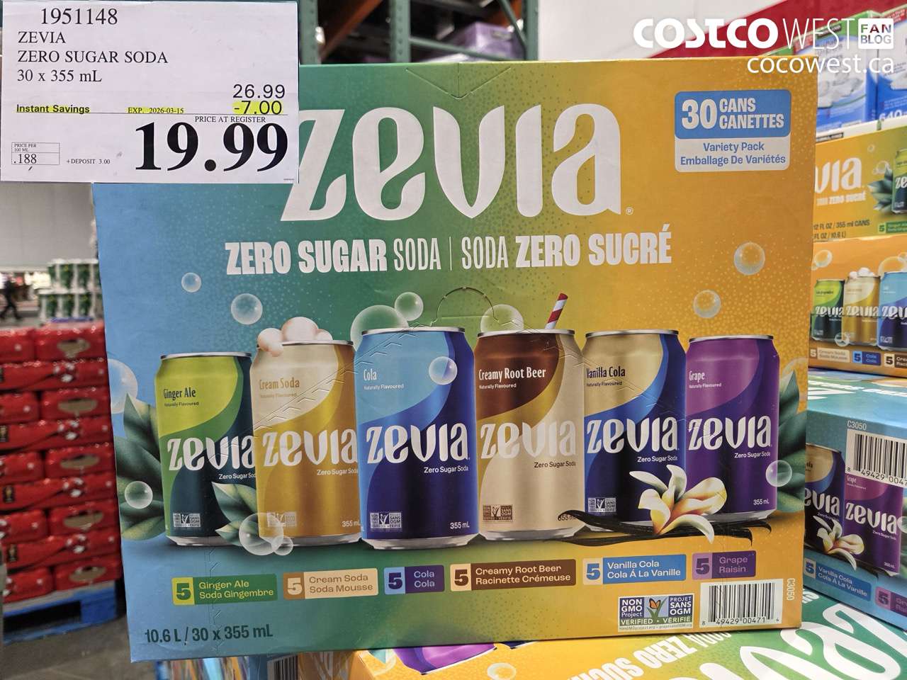 1951148 ZEVIA ZERO SUGAR SODA 30 X 355 ML ($7.00 INSTANT SAVINGS EXPIRES ON 2026-03-15) $19.99
