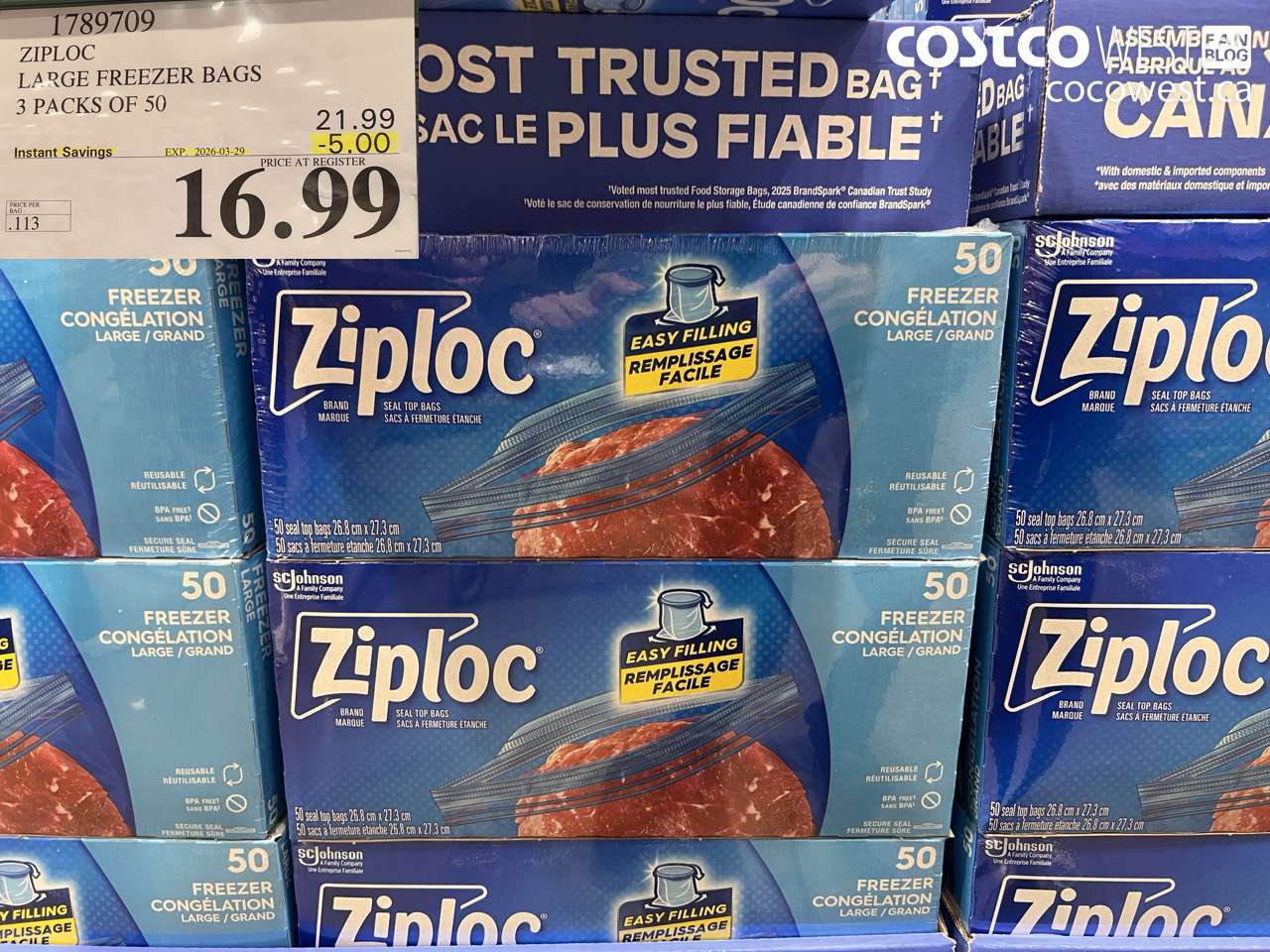 1789709 ZIPLOC LARGE FREEZER BAGS 3 PACKS OF 50 ($5.00 INSTANT SAVINGS EXPIRES ON 2026-03-29) $16.99