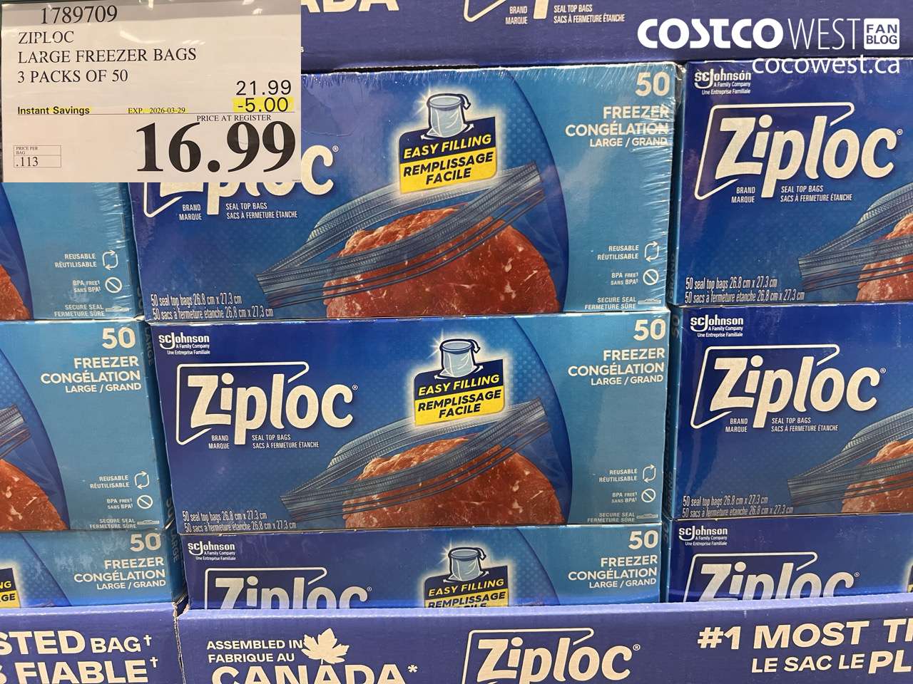 1789709 ZIPLOC LARGE FREEZER BAGS 3 PACKS OF 50 ($5.00 INSTANT SAVINGS EXPIRES ON 2026-03-29) $16.99