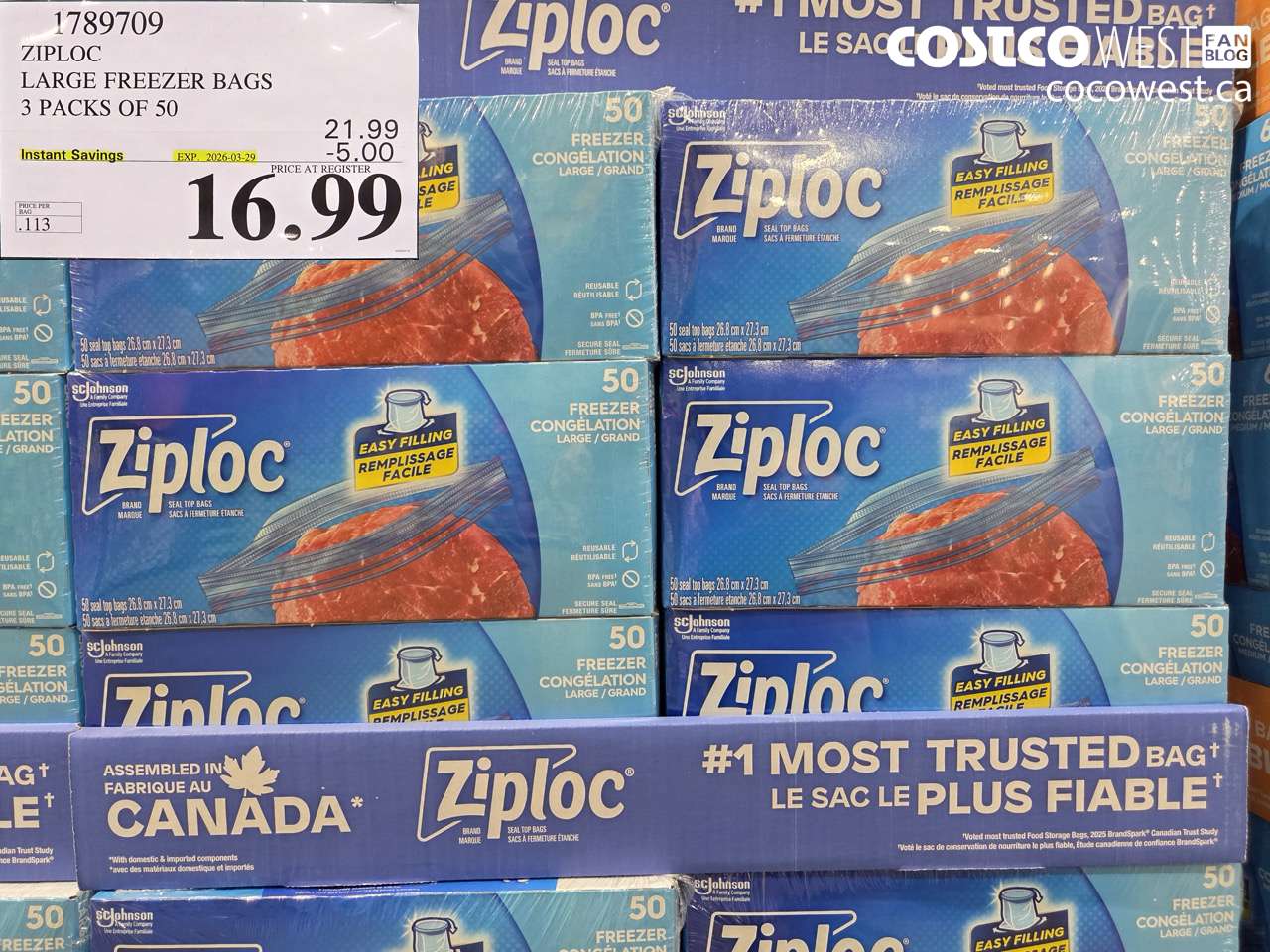 1789709 ZIPLOC LARGE FREEZER BAGS 3 PACKS OF 50 ($5.00 INSTANT SAVINGS EXPIRES ON 2026-03-29) $16.99