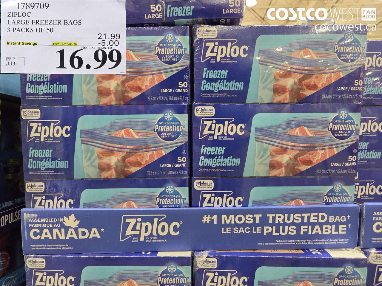 1789709 ZIPLOC LARGE FREEZER BAGS 3 PACKS OF 50 ($5.00 INSTANT SAVINGS EXPIRES ON 2026-03-29) $16.99