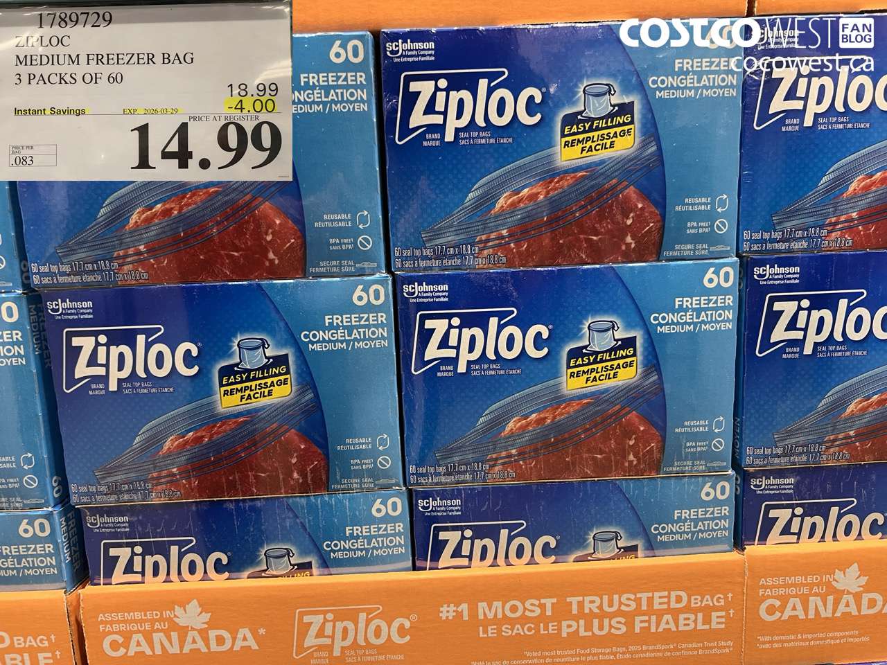 1789729 ZIPLOC MEDIUM FREEZER BAG 3 PACKS OF 60 ($4.00 INSTANT SAVINGS EXPIRES ON 2026-03-29) $14.99