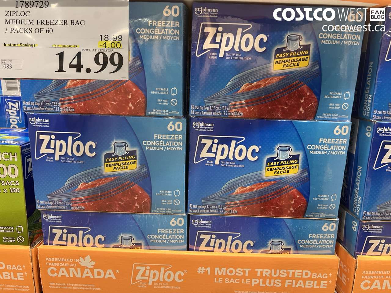 1789729 ZIPLOC MEDIUM FREEZER BAG 3 PACKS OF 60 ($4.00 INSTANT SAVINGS EXPIRES ON 2026-03-29) $14.99