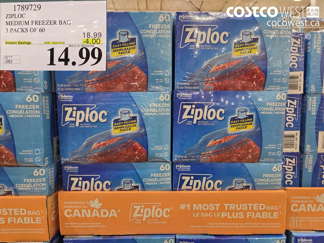1789729 ZIPLOC MEDIUM FREEZER BAG 3 PACKS OF 60 ($4.00 INSTANT SAVINGS EXPIRES ON 2026-03-29) $14.99