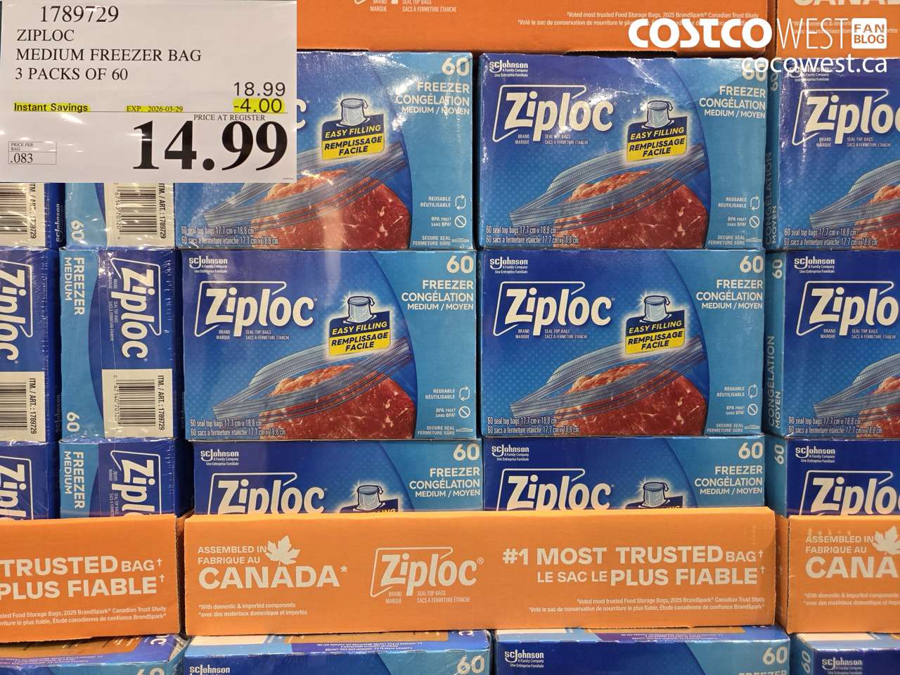 1789729 ZIPLOC MEDIUM FREEZER BAG 3 PACKS OF 60 ($4.00 INSTANT SAVINGS EXPIRES ON 2026-03-29) $14.99