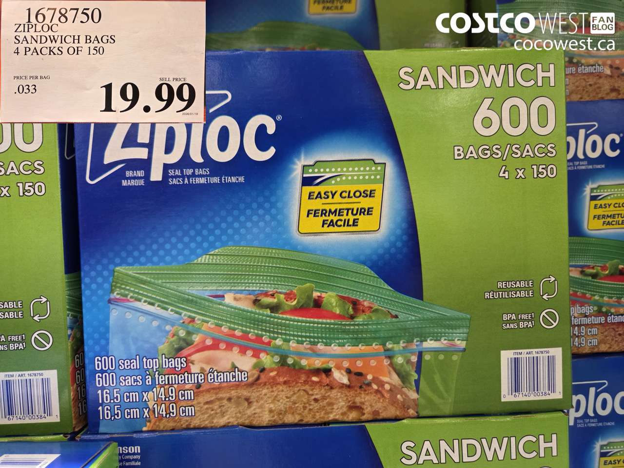 1678750 ZIPLOC SANDWICH BAGS 4 PACKS OF 150 $19.99