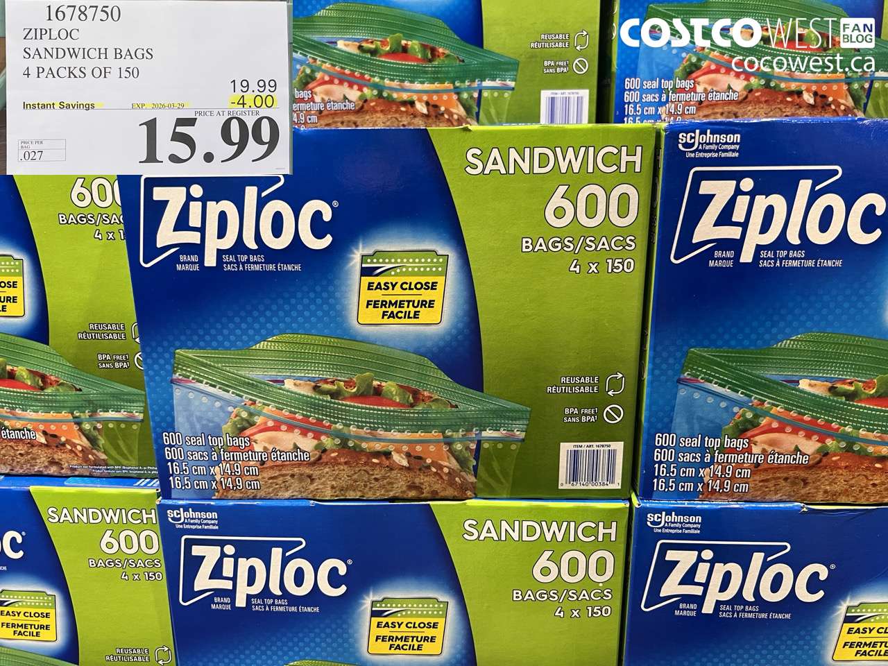 1678750 ZIPLOC SANDWICH BAGS 4 PACKS OF 150 ($4.00 INSTANT SAVINGS EXPIRES ON 2026-03-29) $15.99