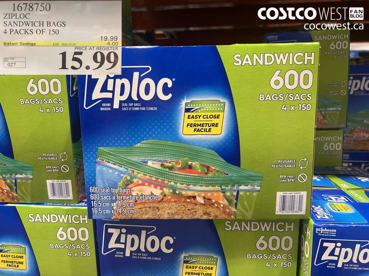 1678750 ZIPLOC SANDWICH BAGS 4 PACKS OF 150 ($4.00 INSTANT SAVINGS EXPIRES ON 2026-03-29) $15.99