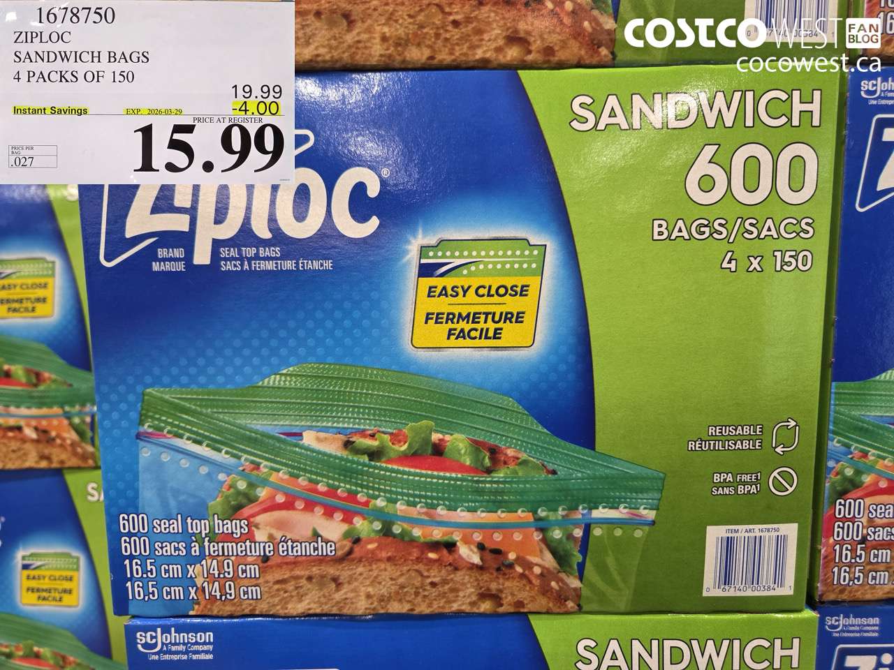 1678750 ZIPLOC SANDWICH BAGS 4 PACKS OF 150 ($4.00 INSTANT SAVINGS EXPIRES ON 2026-03-29) $15.99