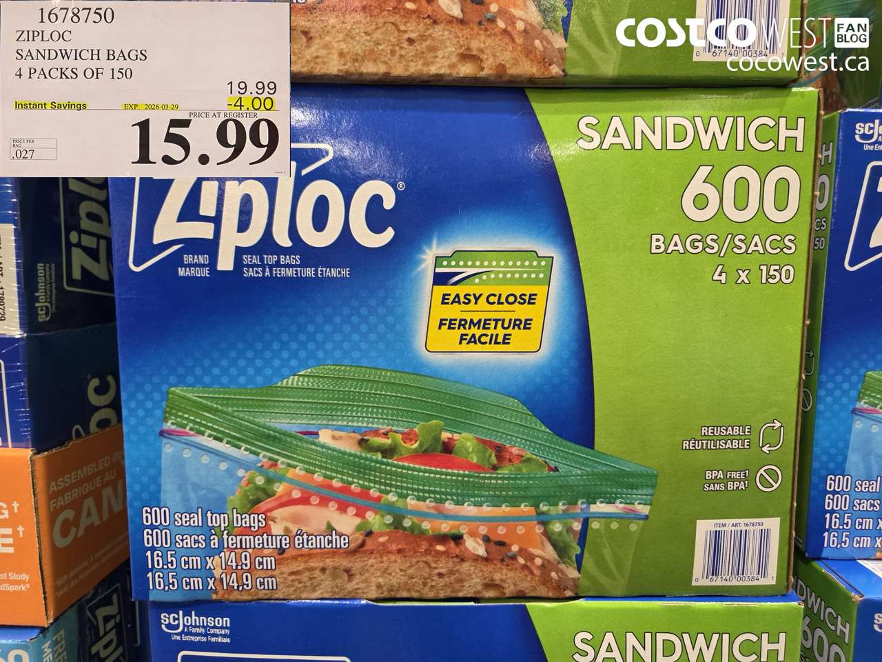 1678750 ZIPLOC SANDWICH BAGS 4 PACKS OF 150 ($4.00 INSTANT SAVINGS EXPIRES ON 2026-03-29) $15.99