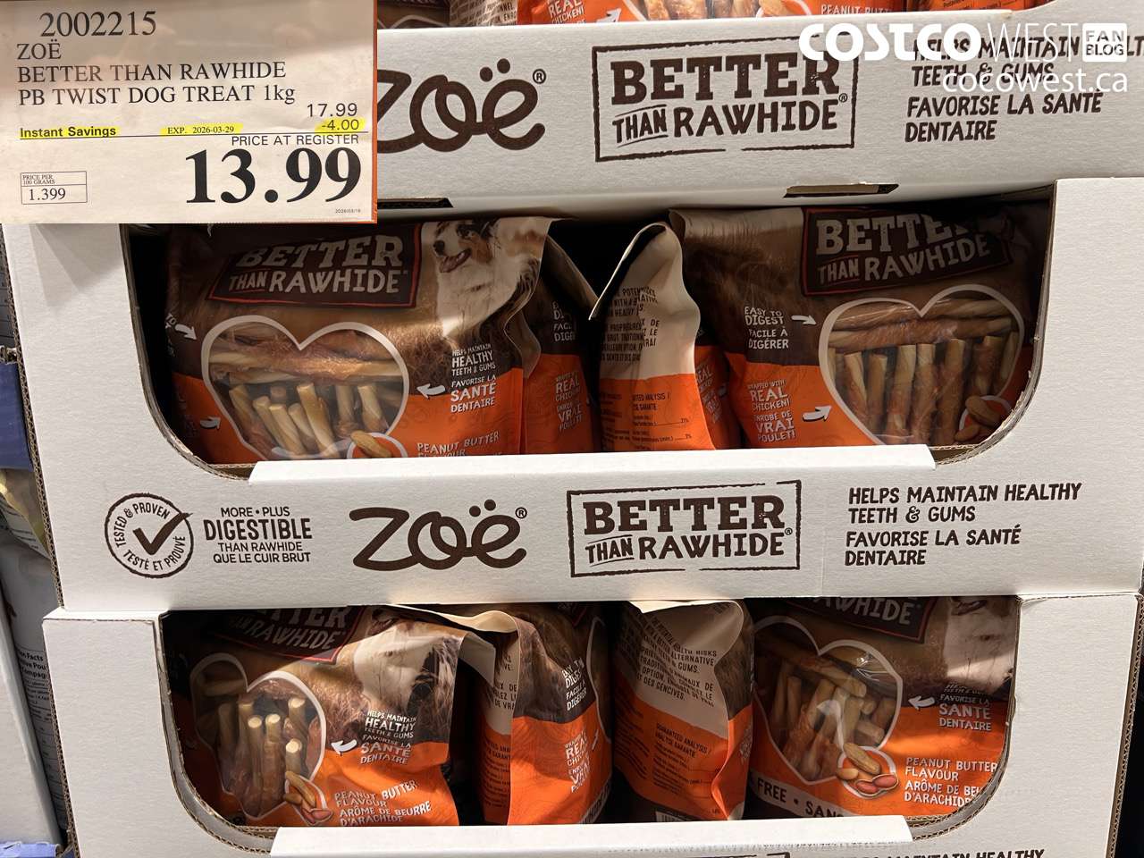 2002215 ZOË BETTER THAN RAWHIDE PB TWIST DOG TREAT 1KG ($4.00 INSTANT SAVINGS EXPIRES ON 2026-03-29) $13.99