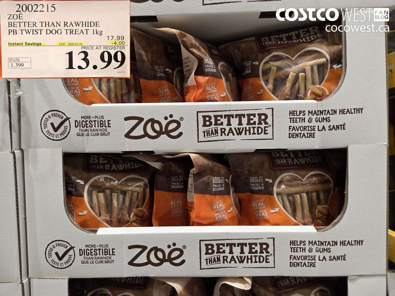 2002215 ZOË BETTER THAN RAWHIDE PB TWIST DOG TREAT 1KG ($4.00 INSTANT SAVINGS EXPIRES ON 2026-03-29) $13.99