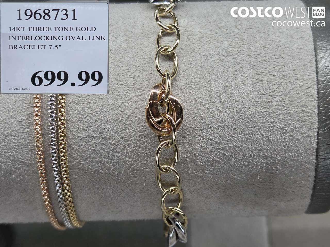 1968731 14KT THREE TONE GOLD INTERLOCKING OVAL LINK BRACELET 7.5 $699.99