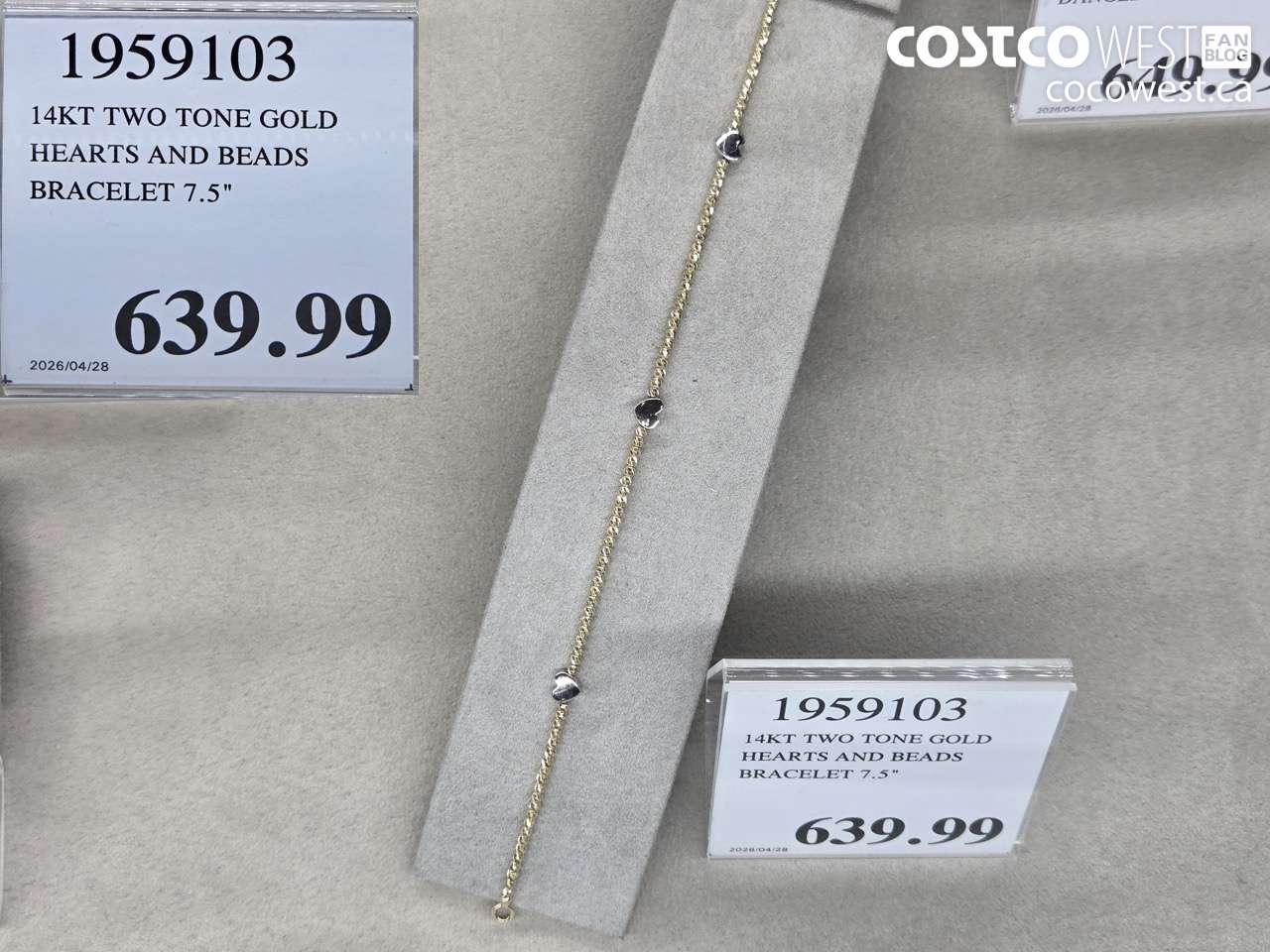 1959103 14KT TWO TONE GOLD HEARTS AND BEADS BRACELET 7.5