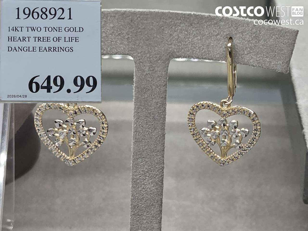 1968921 14KT TWO TONE GOLD HEART TREE OF LIFE DANGLE EARRINGS $649.99