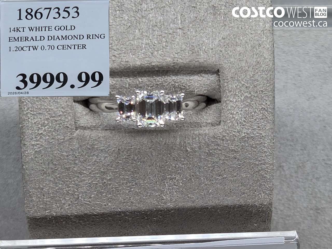 1867353 14KT WHITE GOLD EMERALD DIAMOND RING 1.20CTW 0.70 CENTER $3999.99