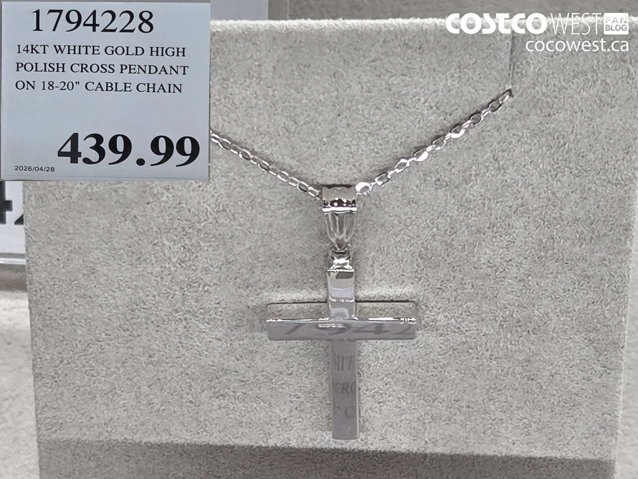 17941228 14KT WHITE GOLD HIGH POLISH CROSS PENDANT ON 18-20
