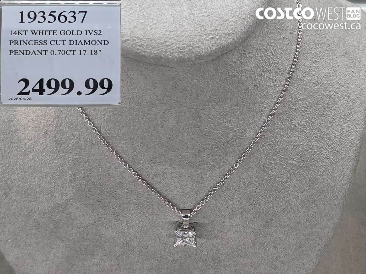 1935637 14KT WHITE GOLD IVS2 PRINCESS CUT DIAMOND PENDANT 0.70CT 17-18