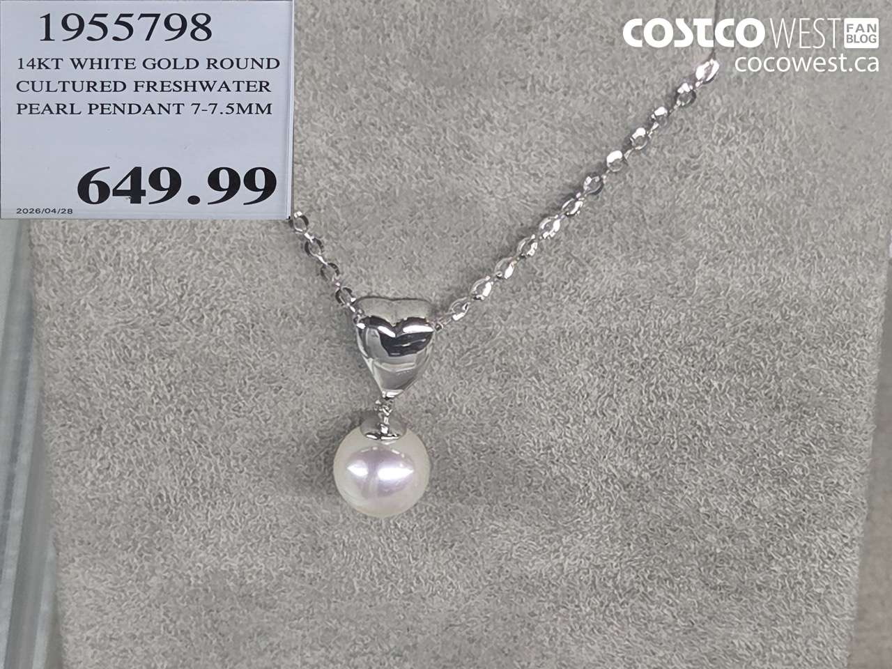 1955798 14KT WHITE GOLD ROUND CULTURED FRESHWATER PEARL PENDANT 7-7.5MM $649.99