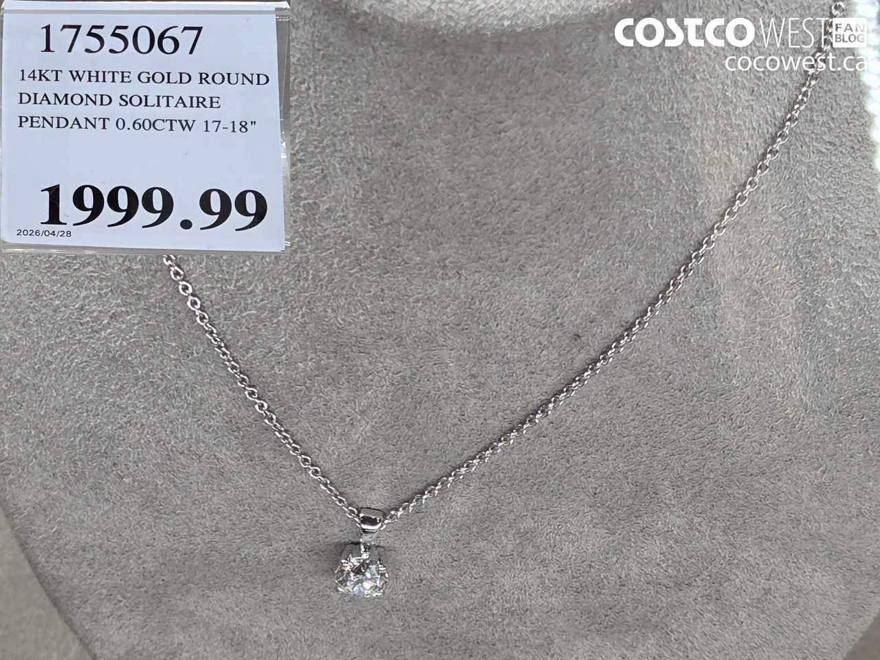 1755067 14KT WHITE GOLD ROUND DIAMOND SOLITAIRE PENDANT 0.60CTW 17-18