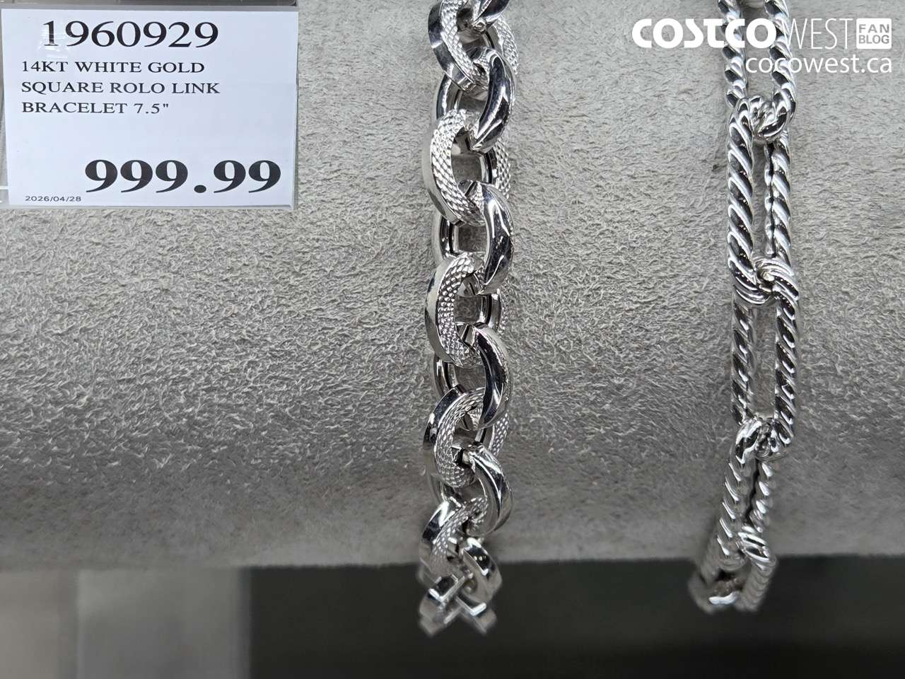 1960929 14KT WHITE GOLD SQUARE ROLO LINK BRACELET 7.5