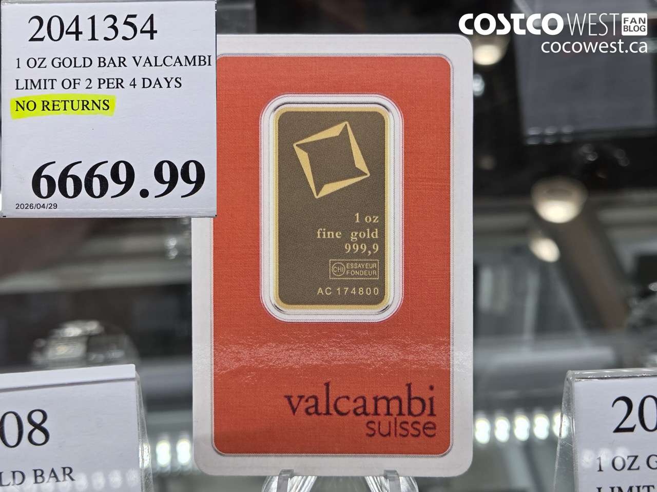 2041354 1 OZ GOLD BAR VALCAMBI LIMIT OF 2 PER 4 DAYS NO RETURNS $6669.99