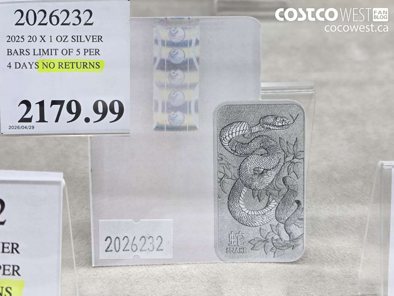 2026232 2025 20 X 1 OZ SILVER BARS LIMIT OF 5 PER 4 DAYS NO RETURNS $2179.99