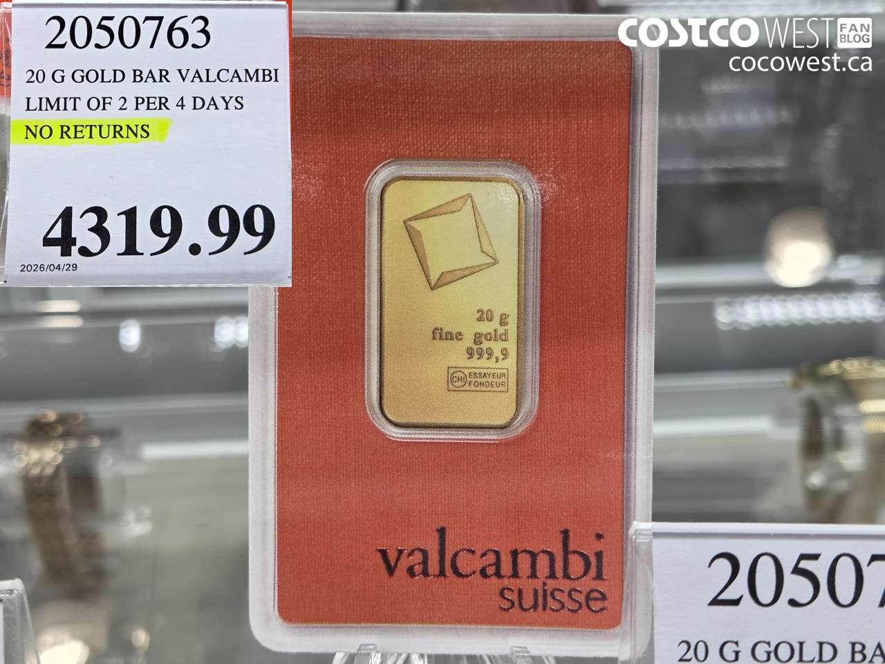 2050763 20 G GOLD BAR VALCAMBI LIMIT OF 2 PER 4 DAYS NO RETURNS $4319.99
