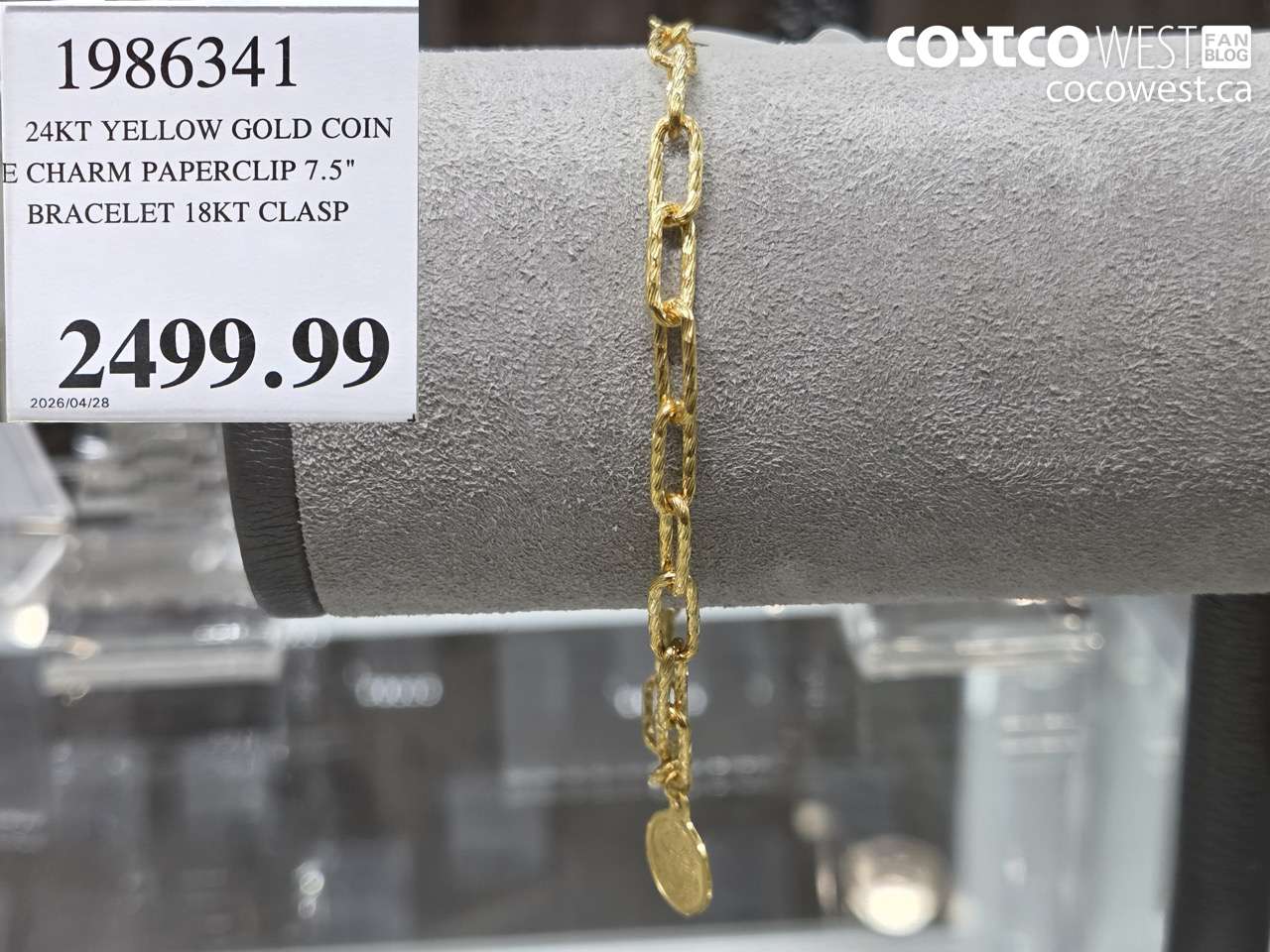 1986341 24KT YELLOW GOLD COIN CHARM PAPERCLIP 7.5 INCH BRACELET 18KT CLASP $2499.99