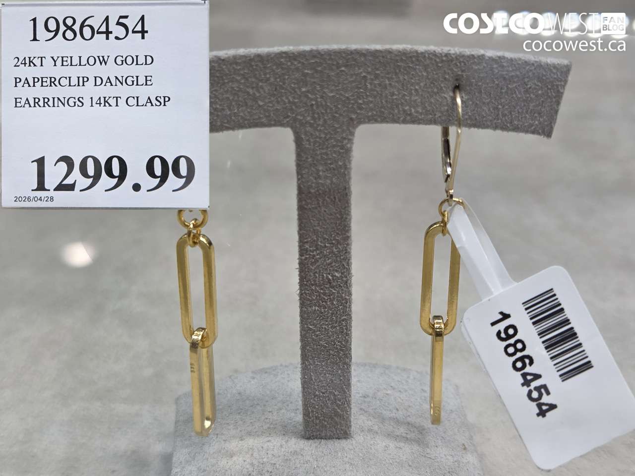 1986454 24KT YELLOW GOLD PAPERCLIP DANGLE EARRINGS 14KT CLASP $1299.99