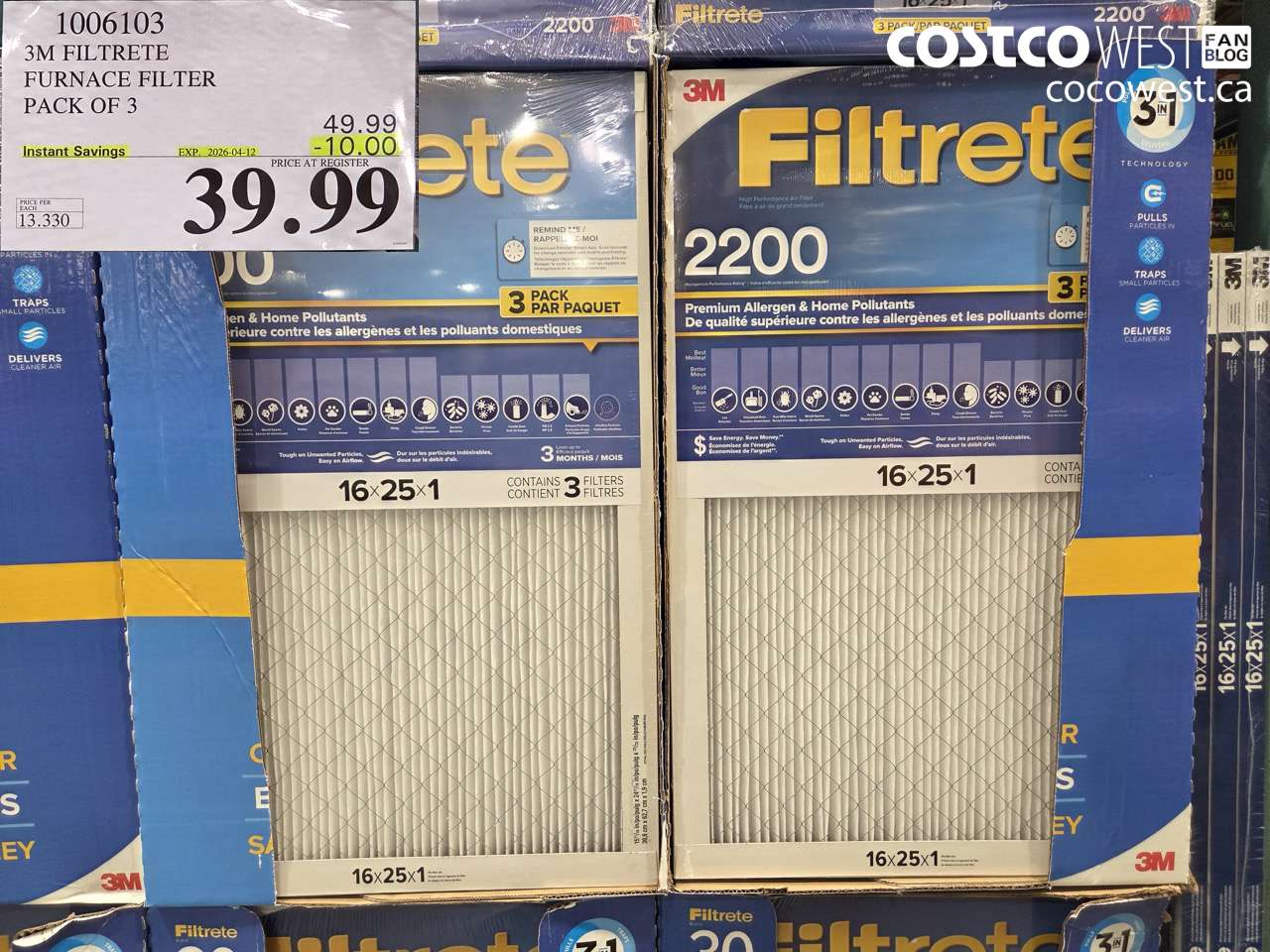 1006103 3M FILTRETE FURNACE FILTER PACK OF 3 ($10.00 INSTANT SAVINGS EXPIRES ON 2026-04-12) $39.99
