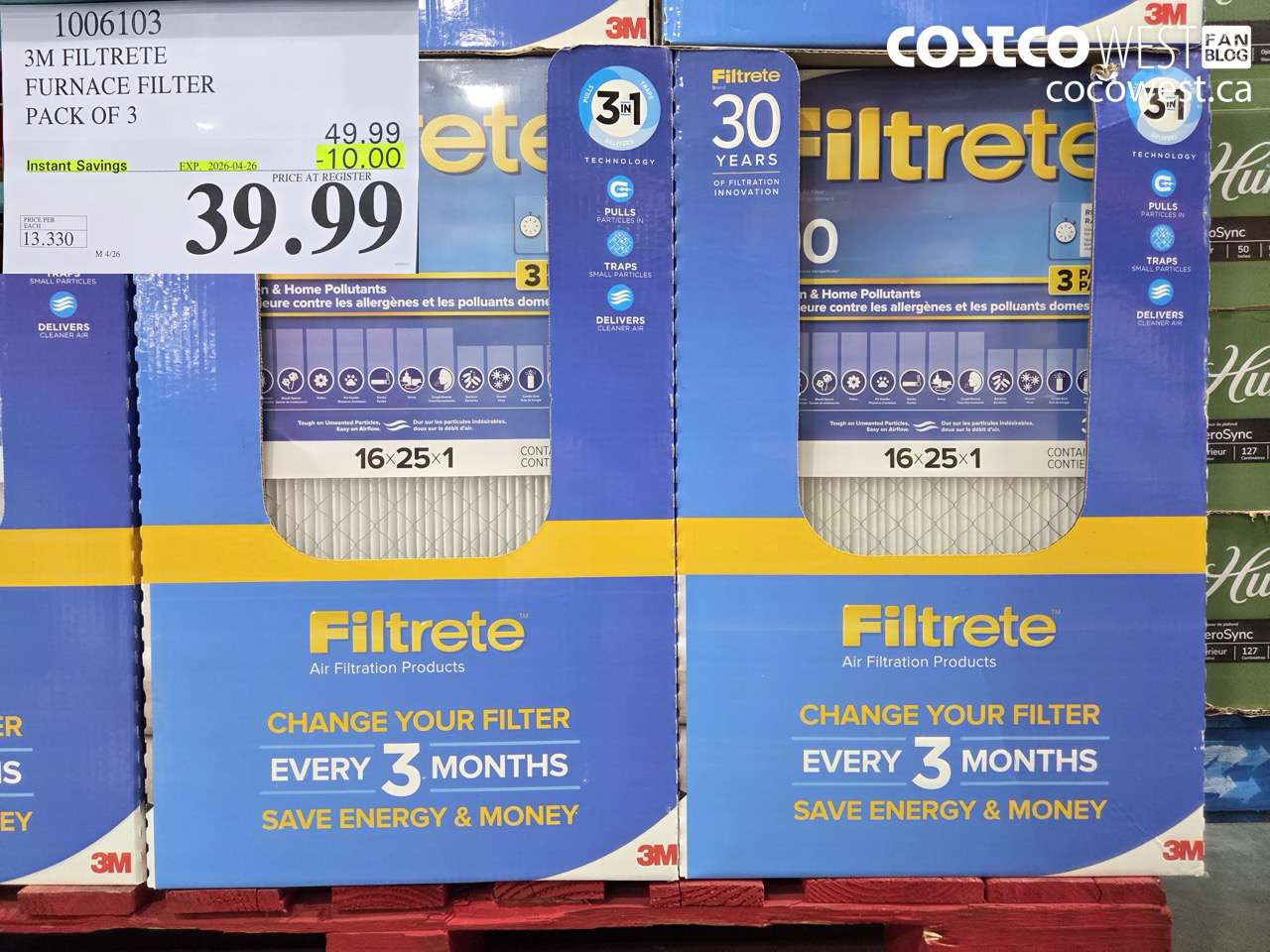 1006103 3M FILTRETE FURNACE FILTER PACK OF 3 ($10.00 INSTANT SAVINGS EXPIRES ON 2026-04-26) $39.99