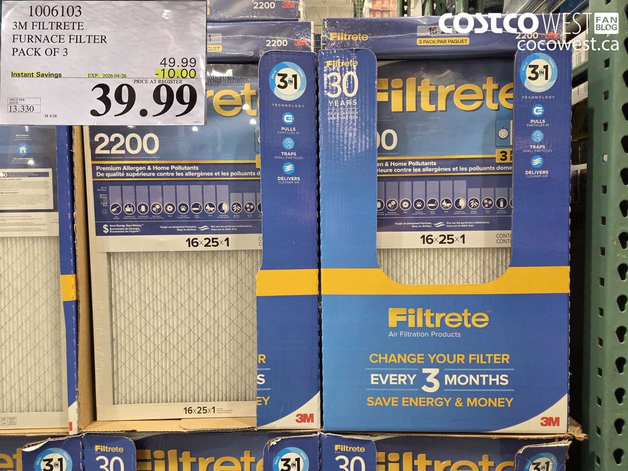 1006103 3M FILTRETE FURNACE FILTER PACK OF 3 ($10.00 INSTANT SAVINGS EXPIRES ON 2026-04-26) $39.99