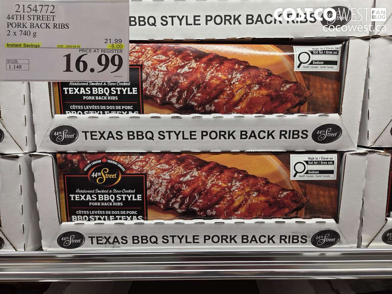 2154772 44TH STREET PORK BACK RIBS 2 X 740 G ($5.00 INSTANT SAVINGS EXPIRES ON 2026-04-26) $16.99