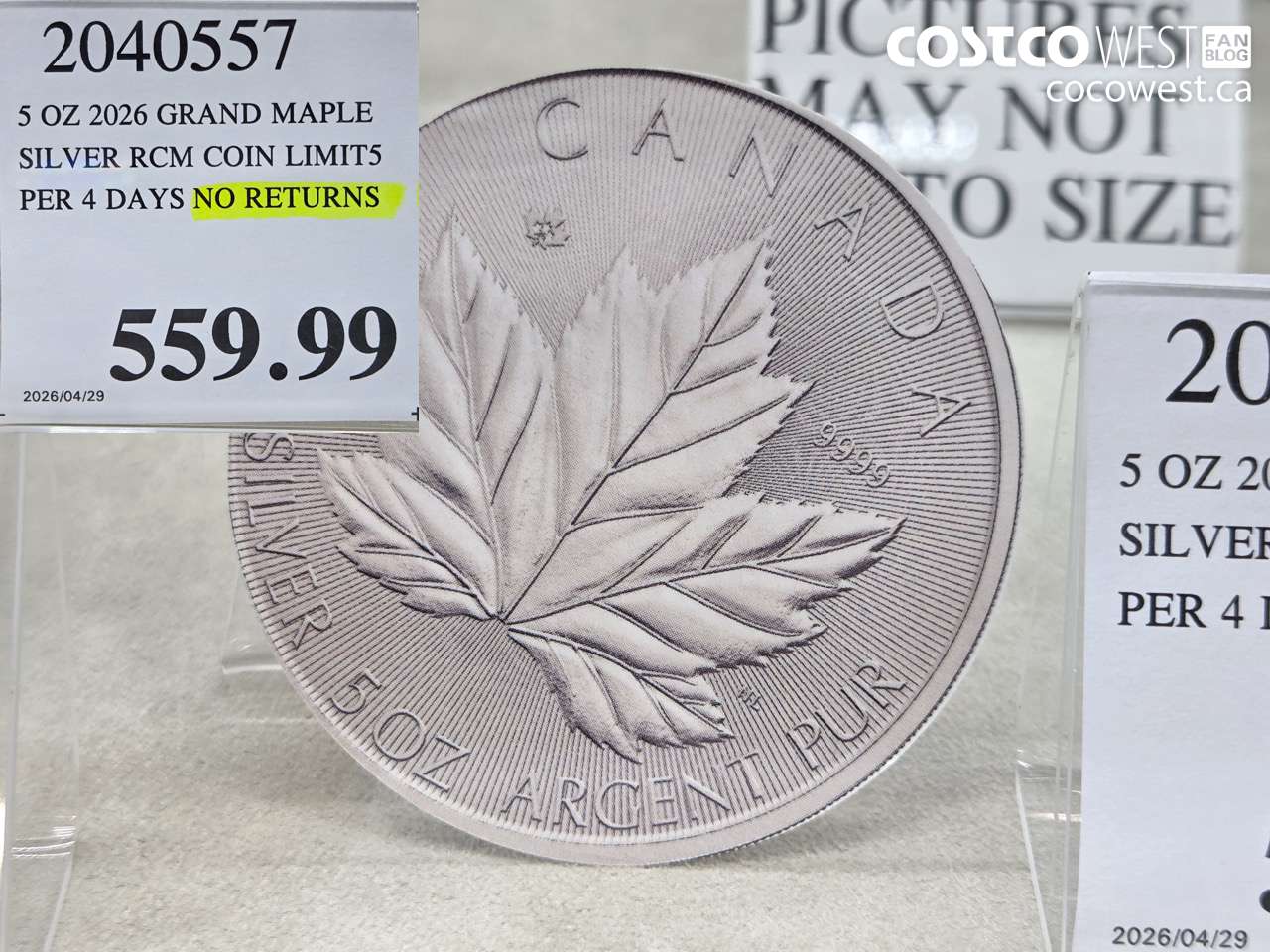 20405357 5 OZ 2026 GRAND MAPLE LEAF SILVER RCM COIN LIMIT 5 PER 4 DAYS NO RETURNS $559.99