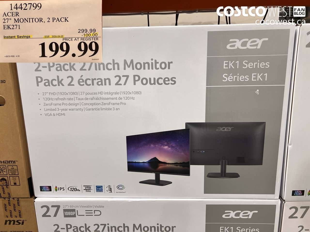 1442799 ACER 27 INCH MONITOR, 2 PACK EK271 ($100.00 INSTANT SAVINGS EXPIRES ON 2026-04-05) $199.99