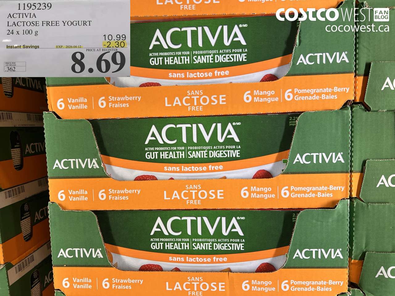 1195239 ACTIVIA LACTOSE FREE YOGURT 24 X 100 G ($2.30 INSTANT SAVINGS EXPIRES ON 2026-04-12) $8.69