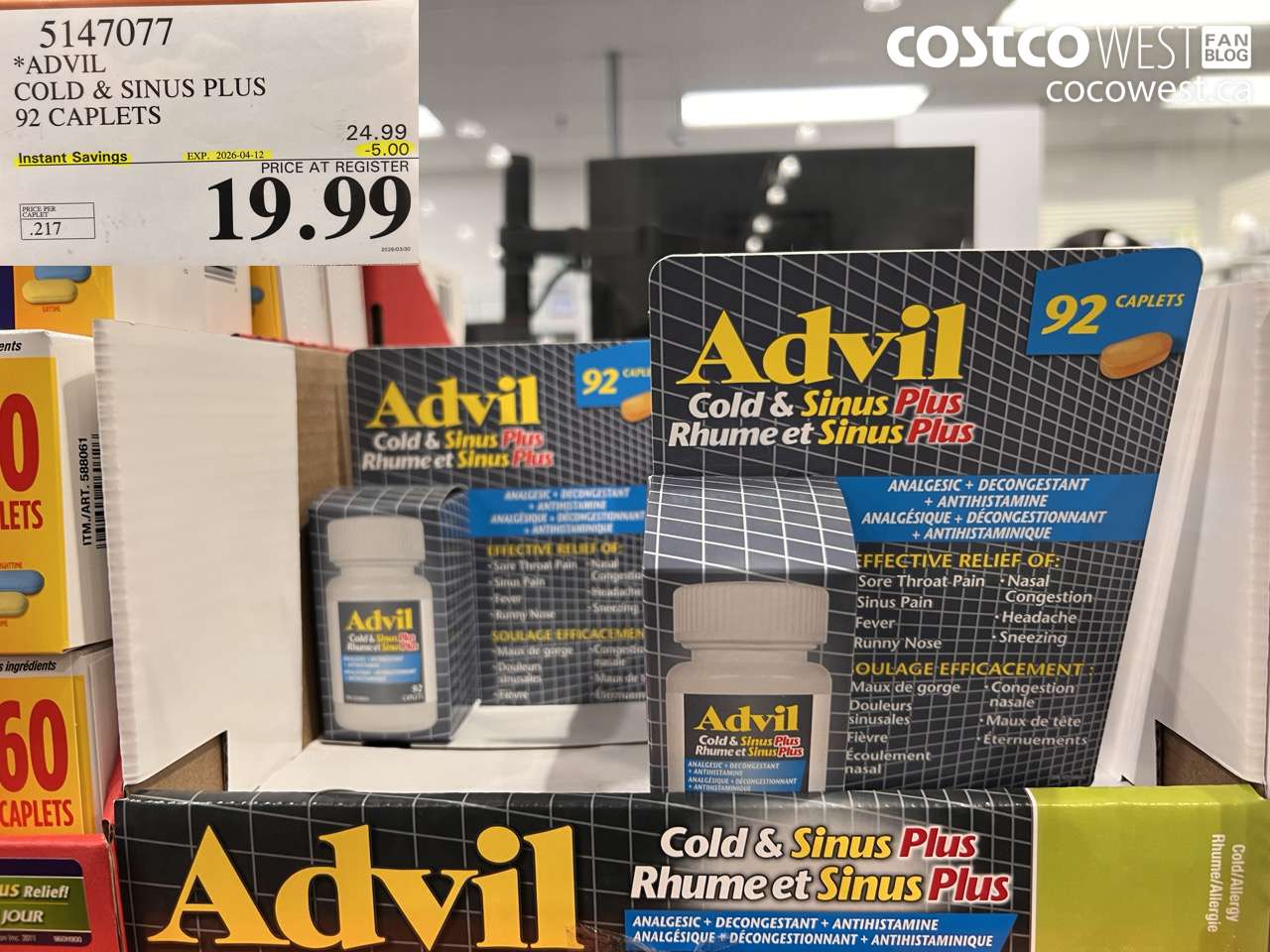 5147077 ADVIL COLD & SINUS PLUS 92 CAPLETS ($5.00 INSTANT SAVINGS EXPIRES ON 2026-04-12) $19.99