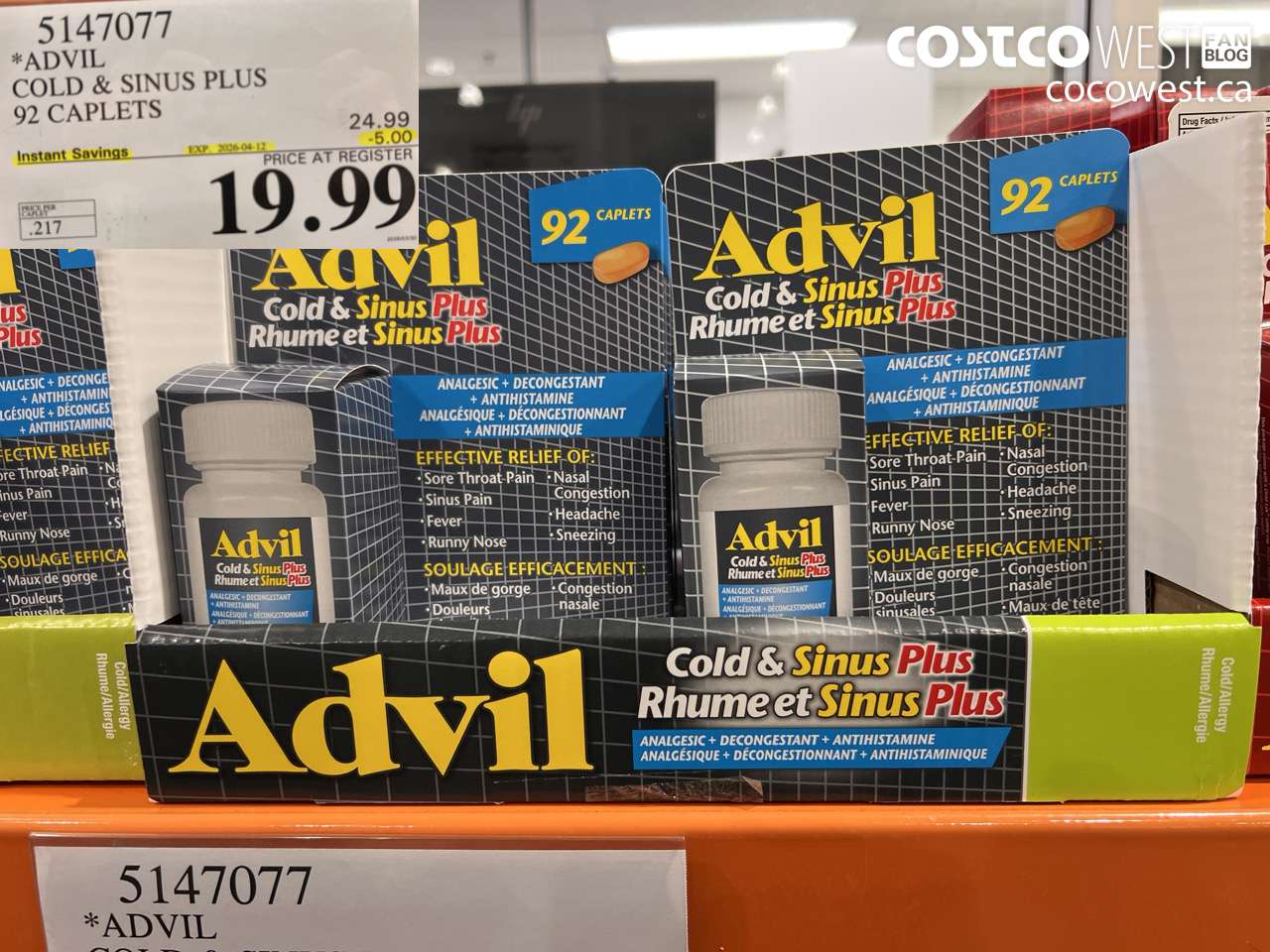 5147077 ADVIL COLD & SINUS PLUS 92 CAPLETS ($5.00 INSTANT SAVINGS EXPIRES ON 2026-04-12) $19.99