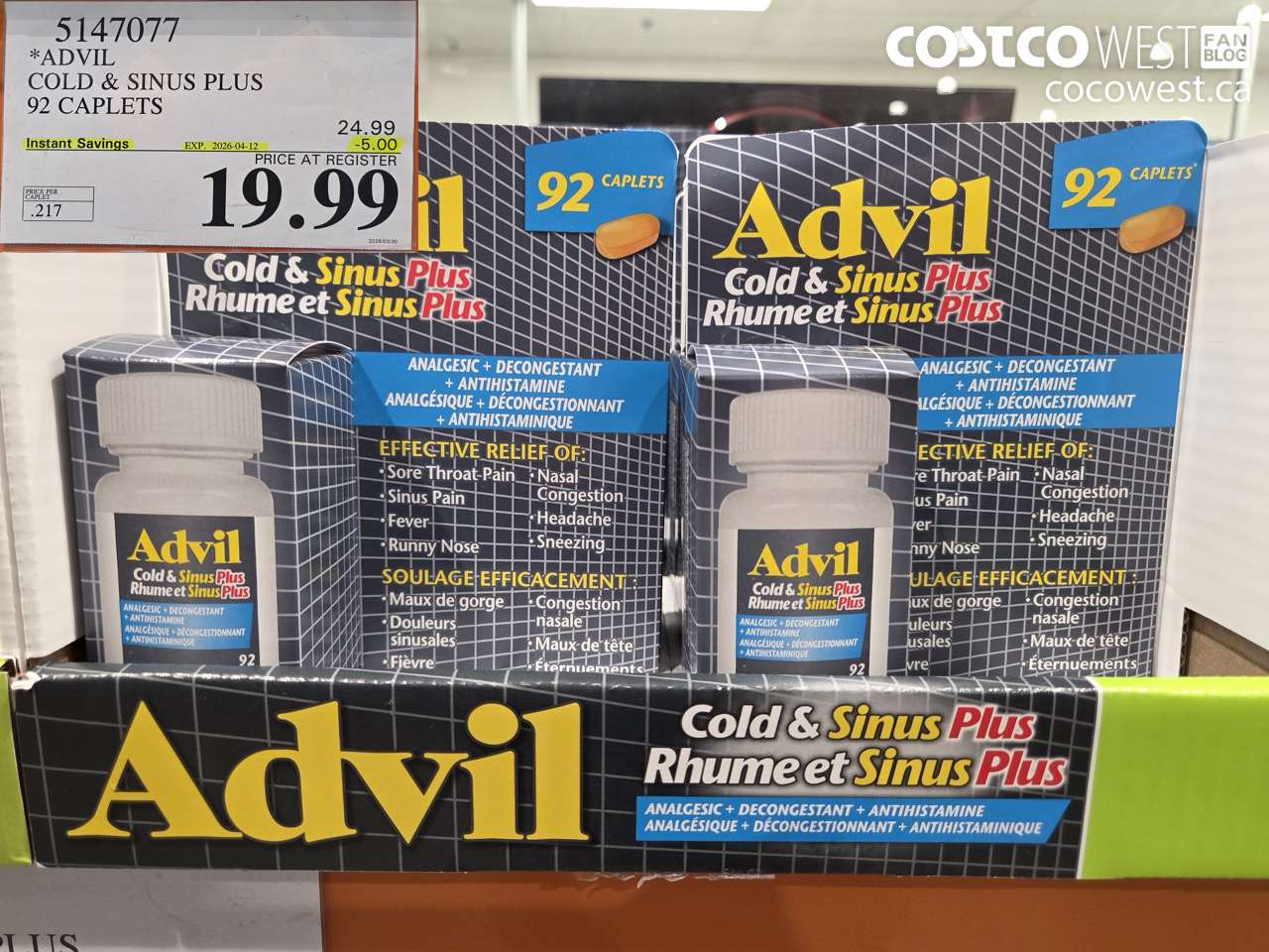 5147077 ADVIL COLD & SINUS PLUS 92 CAPLETS ($5.00 INSTANT SAVINGS EXPIRES ON 2026-04-12) $19.99